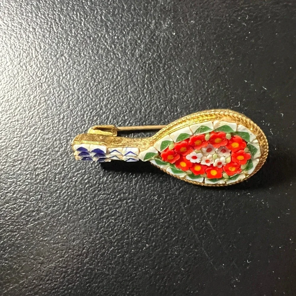 Vintage Micro Mosaic Lute Brooch Orange White Flowers Gold‎ Tone Pin